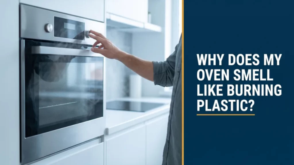 Modern oven with faint haze and a hand at the controls, illustrating an oven that smells like burning plastic