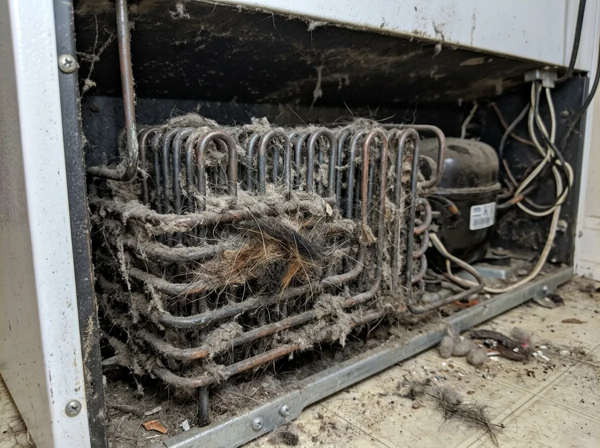 Dirty dusty refrigerator condenser coils at back of fridge causing loud humming noise