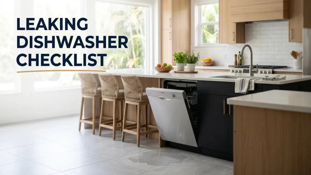 Leaking dishwasher checklist, a stainless dishwasher with a small water puddle on a Jacksonville kitchen floor
