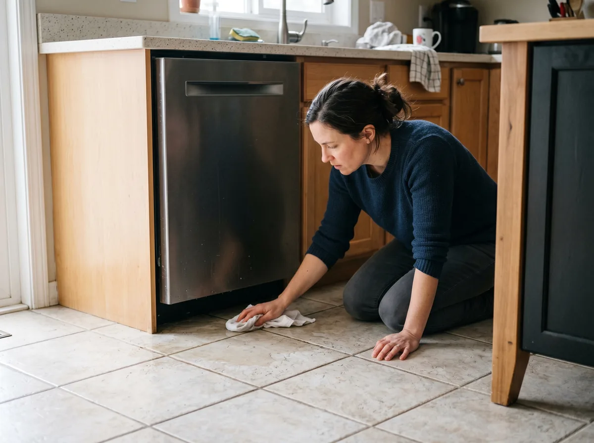 Homeowner wiping up a water leak from under a dishwasher door on a kitchen floor