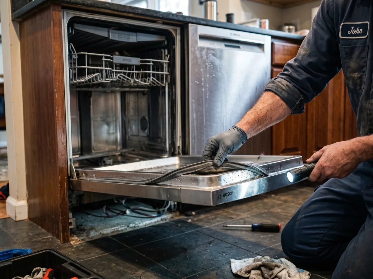Technician inspecting the door gasket and base of a dishwasher pulled out from under a counter