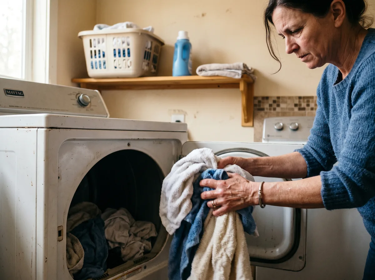 Homeowner pulling damp laundry from a dryer that is not heating in a Jacksonville laundry room