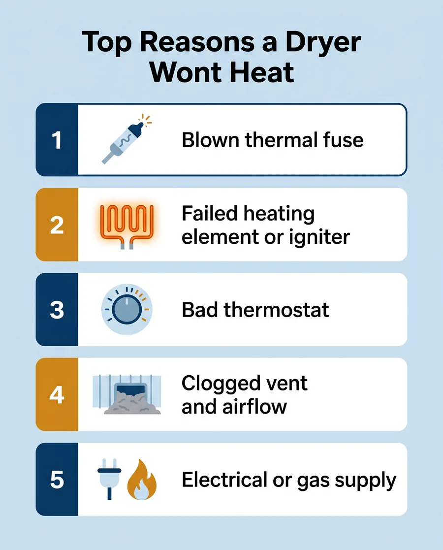 Infographic listing the top reasons a dryer is not heating: thermal fuse, heating element, igniter, thermostat, airflow