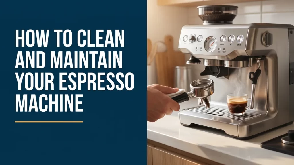 Home espresso machine being wiped clean on a counter, illustrating espresso machine maintenance