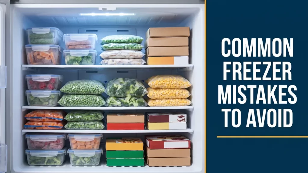 Organized home freezer with a note to avoid common freezer mistakes in a hot climate