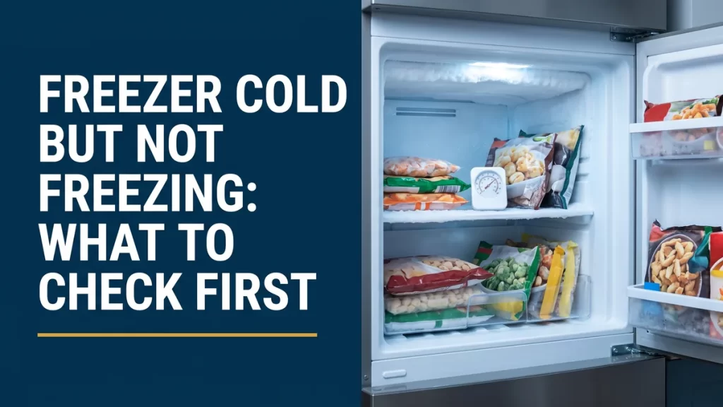 Open home freezer with frost and a thermometer, showing a freezer cold but not freezing