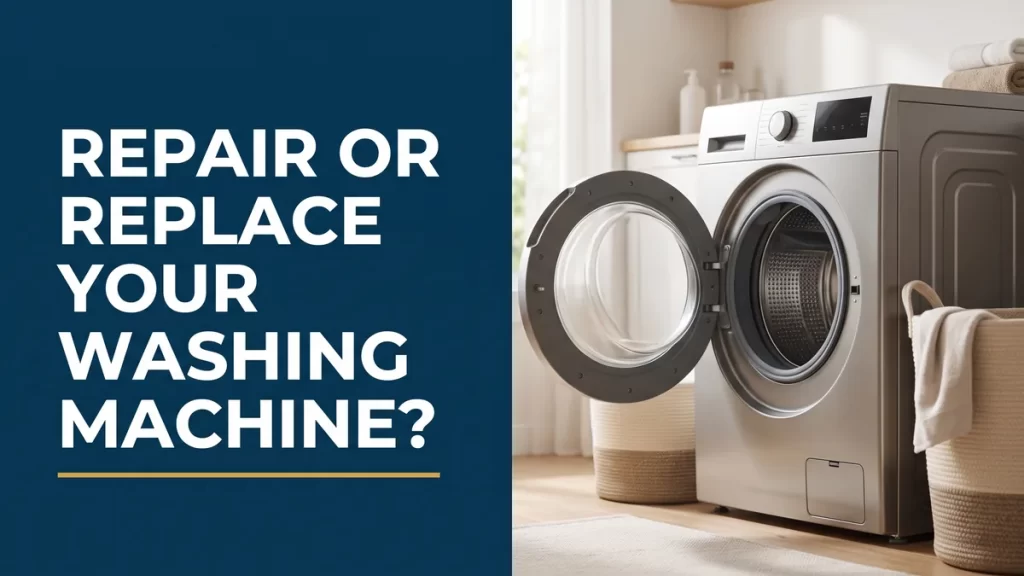 Front-load washing machine in a laundry room, illustrating whether to repair or replace it