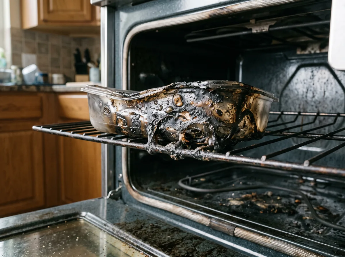 Melted plastic container stuck to oven rack heating element