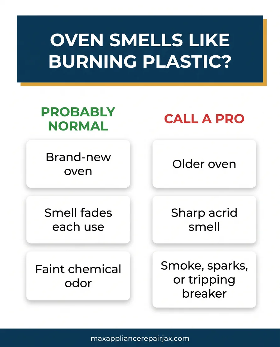 Infographic detailing normal oven break in smell versus electrical fire risk