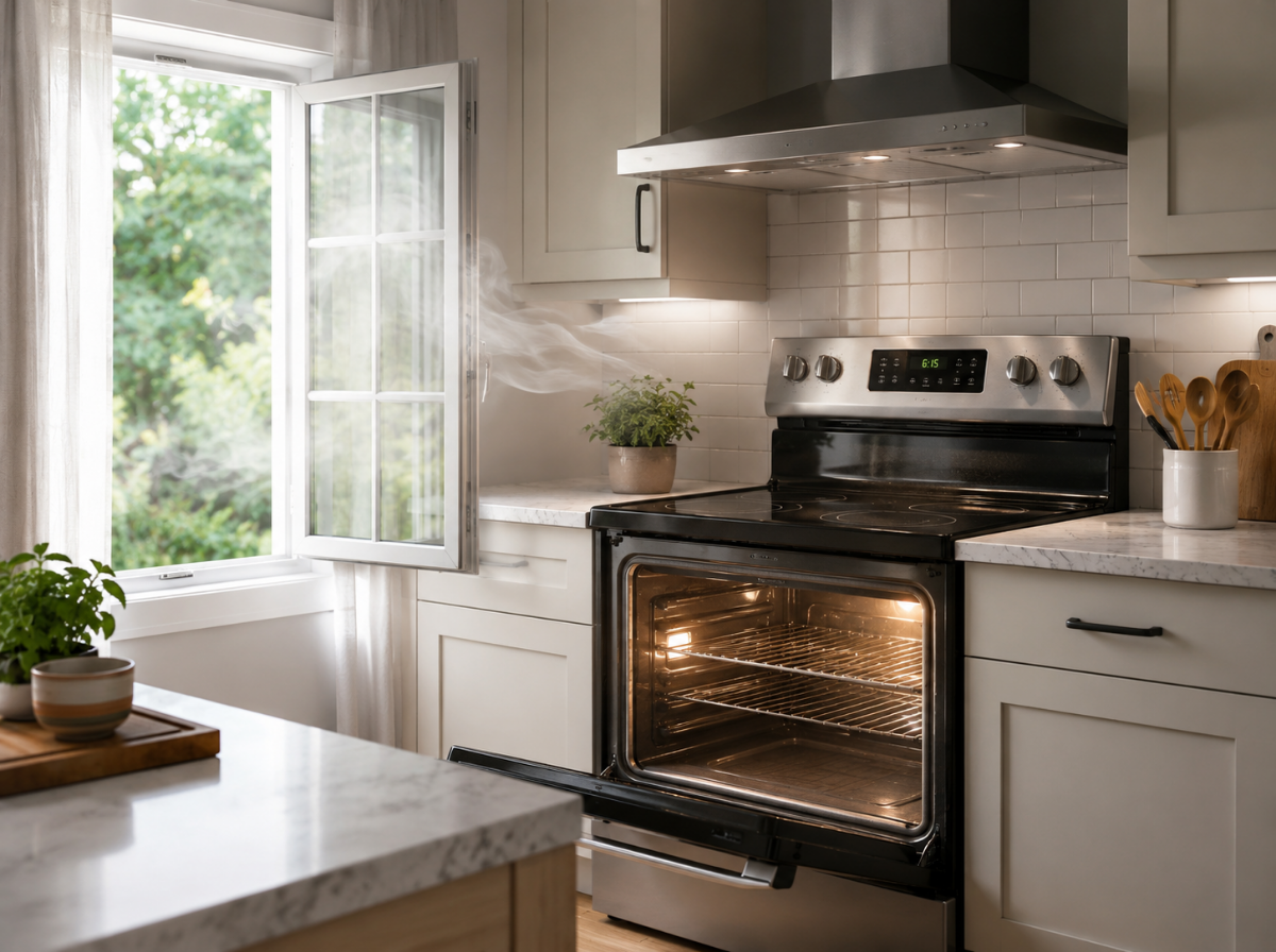 oven smells like burning plastic Open kitchen oven emitting plastic burning smell during initial heating cycle
